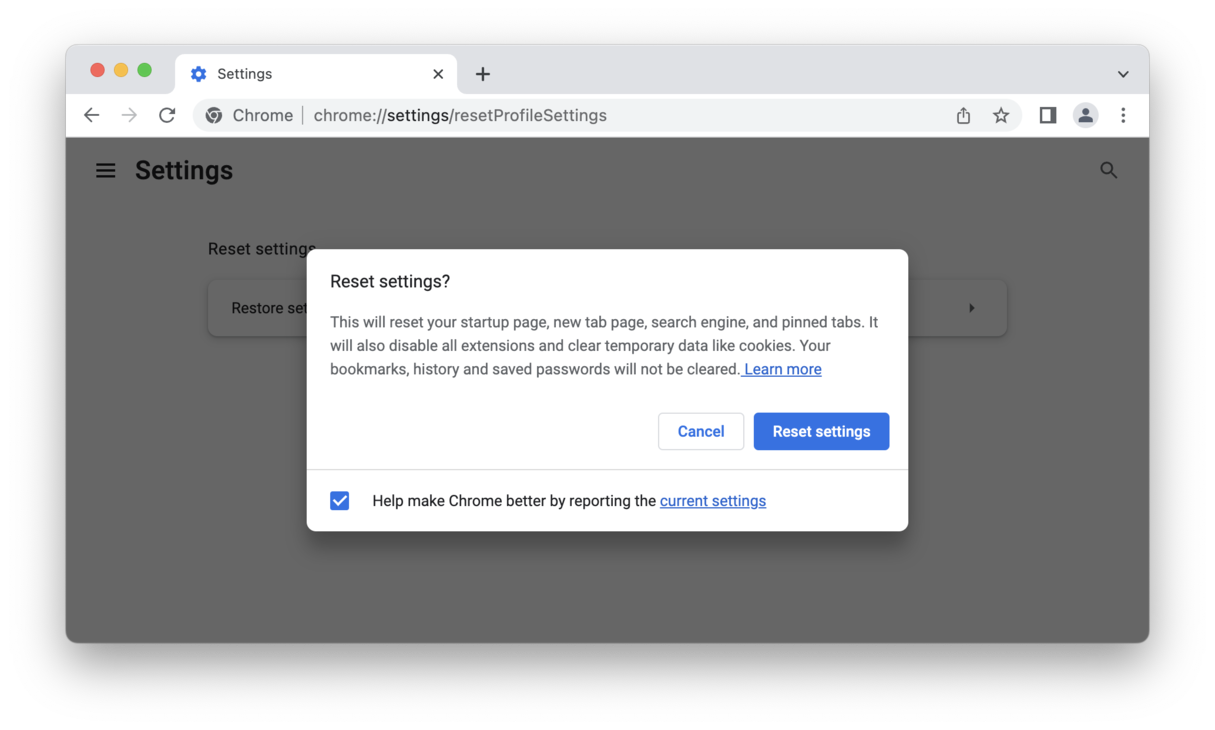 Reset Settings in Google Chrome
